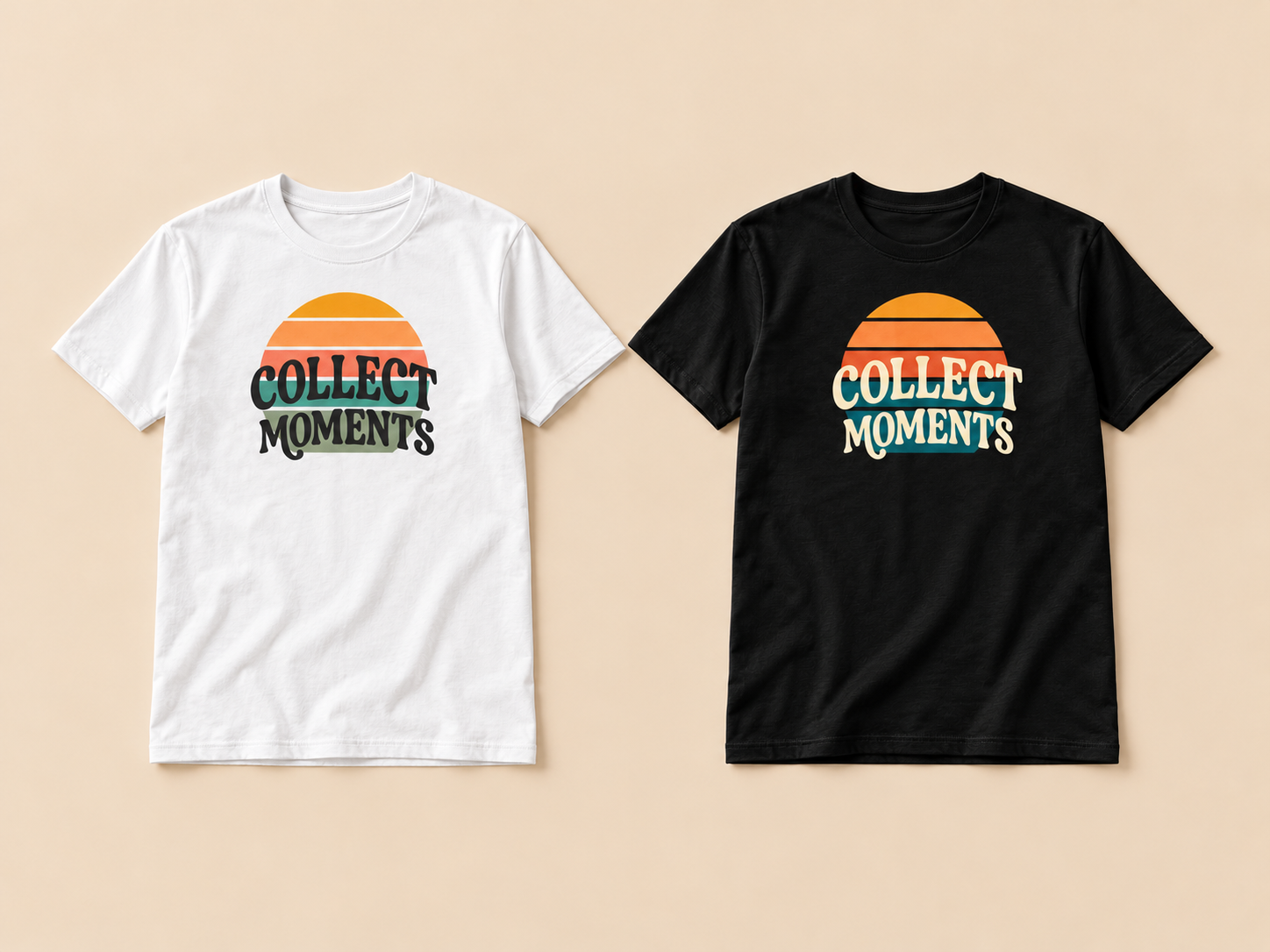 ภาพจำลองเสื้อทีมคนละสี ขาวและดำวางคู่กัน ใช้ลาย COLLECT MOMENTS โดยปรับสีตัวอักษรให้ชัดบนเสื้อแต่ละสี