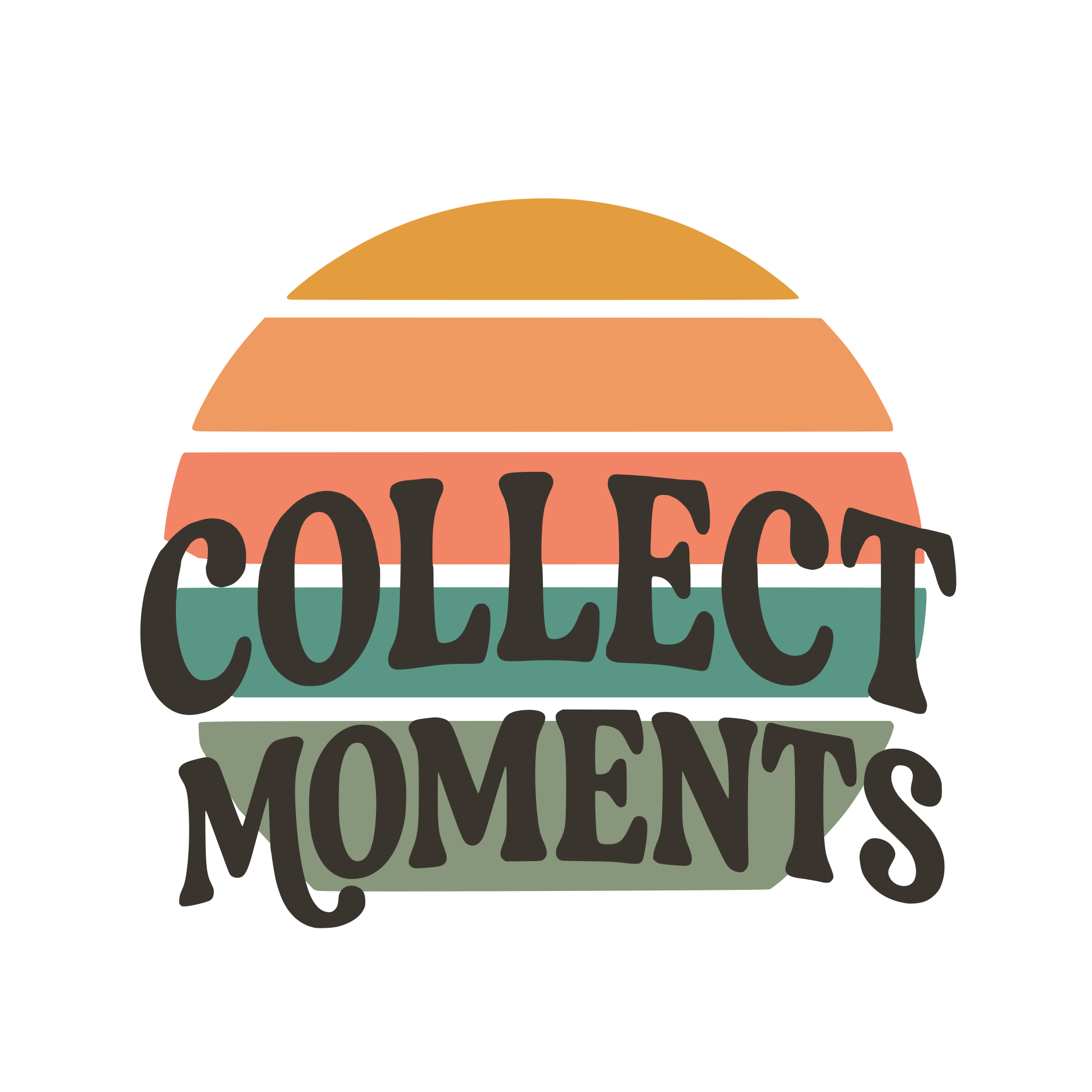 ลาย COLLECT MOMENTS ตัวอักษรเข้มซ้อนบนกราฟิกพระอาทิตย์แถบสีส้มและเขียวบนพื้นขาว