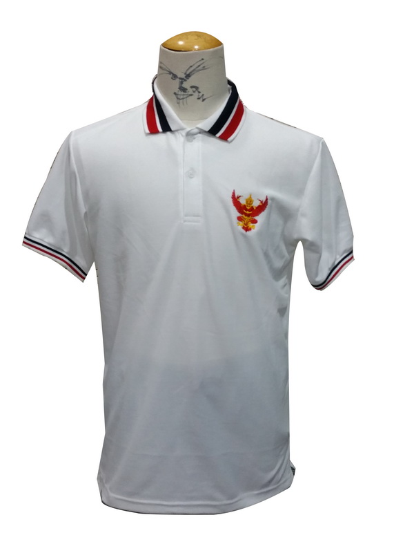 รับทำเสื้อโปโล เสื้อโปโลสีขาวปกแดงขลิบขาว ปักพญาครุฑหน้า
