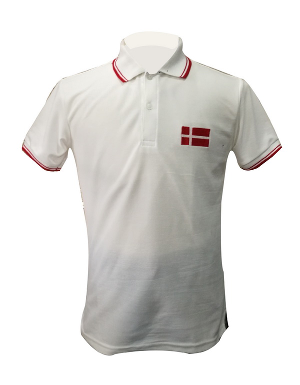รับทำเสื้อโปโล เสื้อโปโลสีขาวขลิบแดง ด้านหน้า
