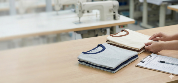 โต๊ะทำงานในโรงงาน เสื้อยืดเปล่าพับเรียบร้อย พร้อมเอกสารตรวจงานก่อนผลิต