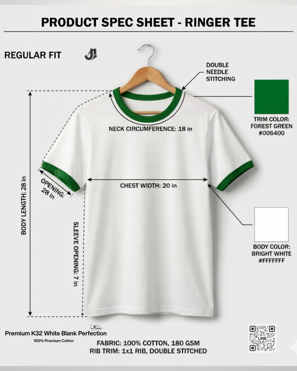 เสื้อยืดกุ้นคอกุ้นแขน สีขาวกุ้นเขียวspec tee พรีเมี่ยมคอตตอน 100% รับผลิตเสื้อยืดเปล่า