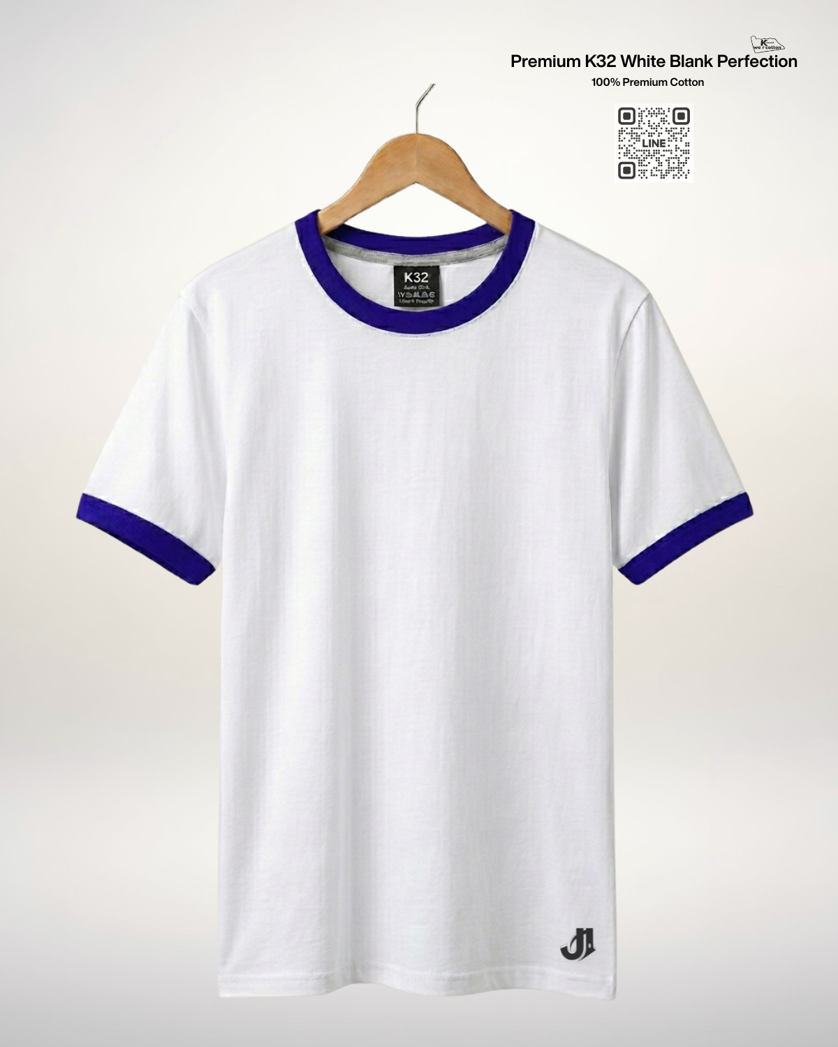 เสื้อยืดกุ้นคอกุ้นแขน สีขาวกุ้นน้ำเงิน Premium K32 Cotton 100% | รับผลิตเสื้อยืดเปล่า เสื้อยืดกุ้นคอกุ้นแขน สีขาวกุ้นน้ำเงิน