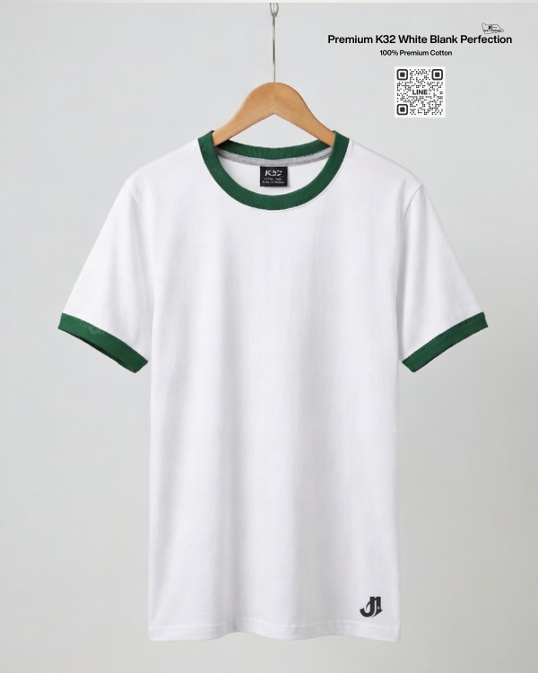 เสื้อยืดกุ้นคอกุ้นแขน สีขาวกุ้นเขียว พรีเมี่ยมคอตตอน 100% รับผลิตเสื้อยืดเปล่า