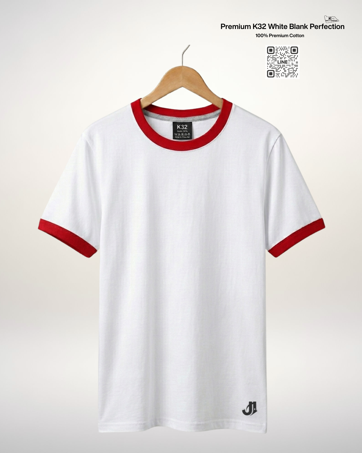 เสื้อยืดกุ้นคอกุ้นแขน สีขาวกุ้นแดง Premium K32 Cotton 100% | รับผลิตเสื้อยืดเปล่า เสื้อยืดกุ้นคอกุ้นแขน สีขาวกุ้นแดง