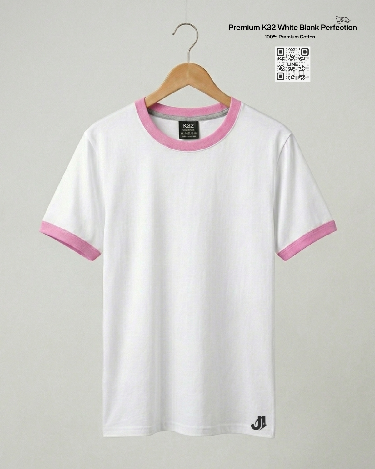 เสื้อยืดกุ้นคอกุ้นแขน สีขาวกุ้นชมพู Premium K32 Cotton 100% | รับผลิตเสื้อยืดเปล่า เสื้อยืดกุ้นคอกุ้นแขน สีขาวกุ้นชมพู