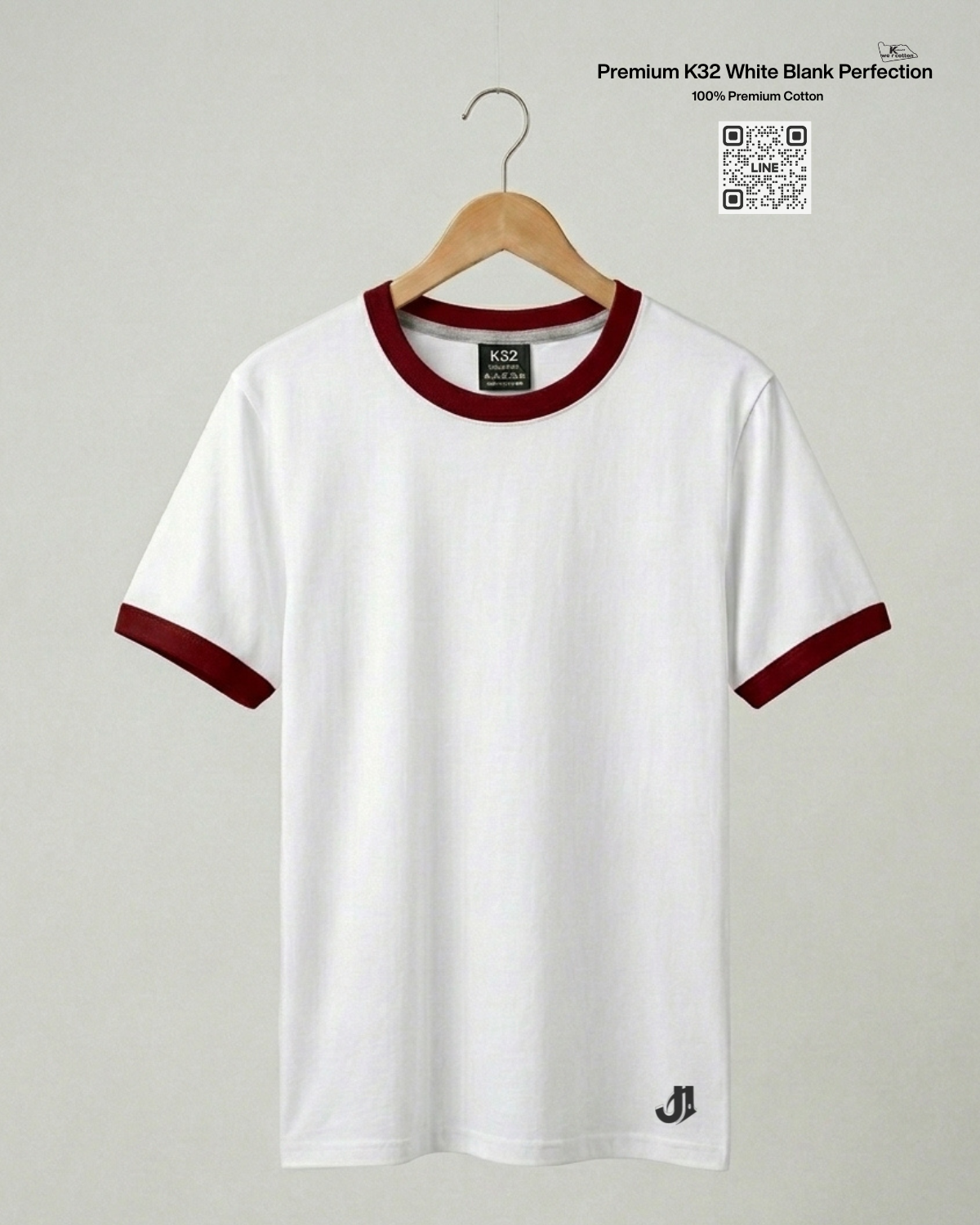 เสื้อยืดกุ้นคอกุ้นแขน สีขาวกุ้นเลือดหมู Premium K32 Cotton 100% | รับผลิตเสื้อยืดเปล่า เสื้อยืดกุ้นคอกุ้นแขน สีขาวกุ้นเลือดหมู