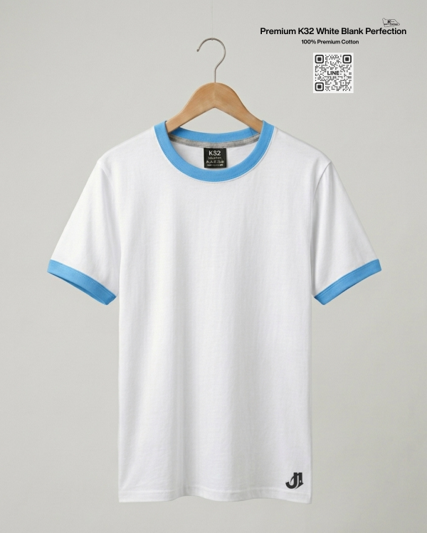 เสื้อยืดกุ้นคอกุ้นแขน สีขาวกุ้นฟ้า พรีเมี่ยมคอตตอน 100% รับผลิตเสื้อยืดเปล่า