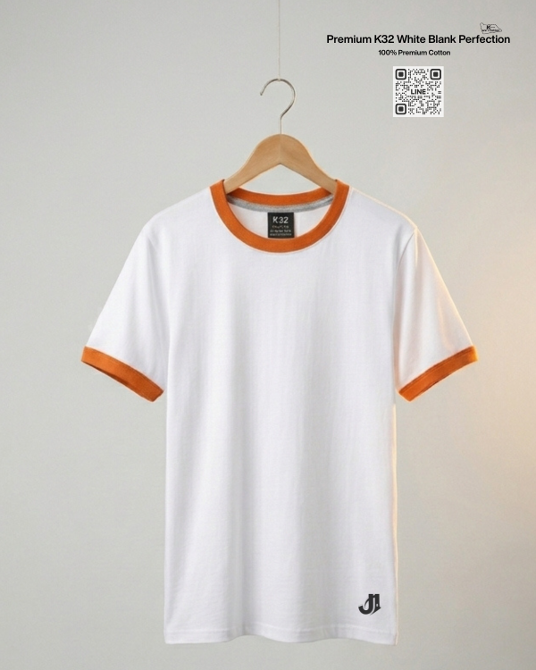 เสื้อยืดกุ้นคอกุ้นแขน สีขาวกุ้นเส้ม พรีเมี่ยมคอตตอน 100% รับผลิตเสื้อยืดเปล่า