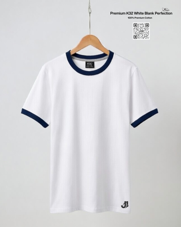 เสื้อยืดกุ้นคอกุ้นแขน สีขาวกุ้นดำ พรีเมี่ยมคอตตอน 100% รับผลิตเสื้อยืดเปล่า