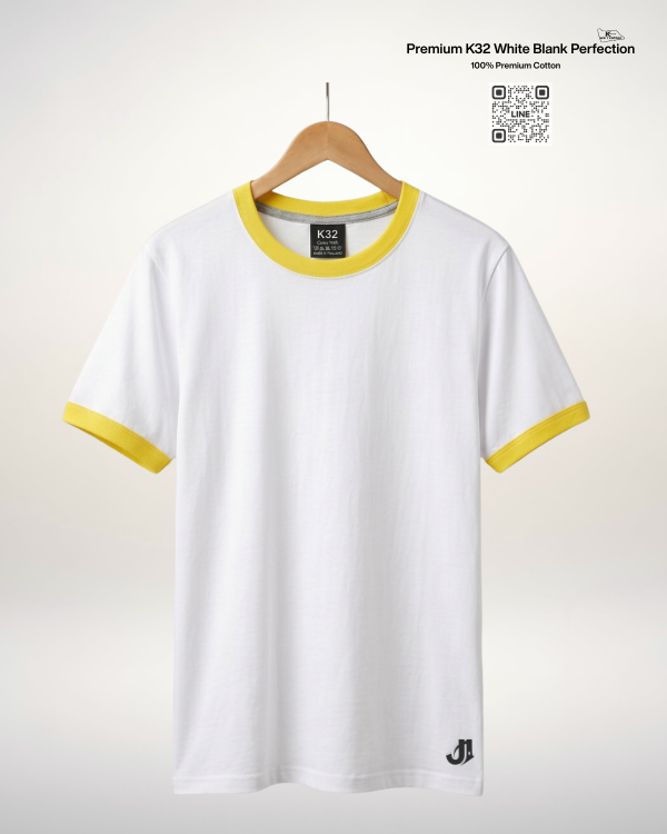 เสื้อยืดกุ้นคอกุ้นแขน สีขาวกุ้นเหลือง พรีเมี่ยมคอตตอน 100% รับผลิตเสื้อยืดเปล่า