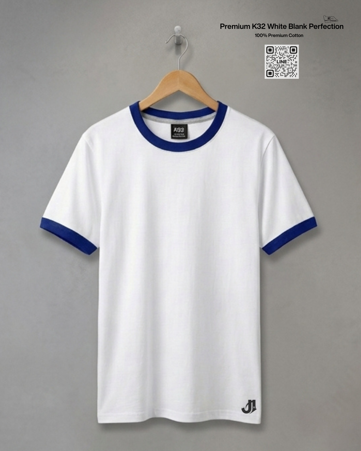 เสื้อยืดกุ้นคอกุ้นแขน สีขาวกุ้นน้ำเงิน Premium K32 Cotton 100% | รับผลิตเสื้อยืดเปล่า เสื้อยืดกุ้นคอกุ้นแขน สีขาวกุ้นกรม