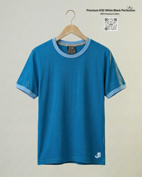เสื้อยืดกุ้นคอกุ้นแขน สีเทาอากาศกุ้นฟ้า Premium K32 Cotton 100% | รับผลิตเสื้อยืดเปล่า