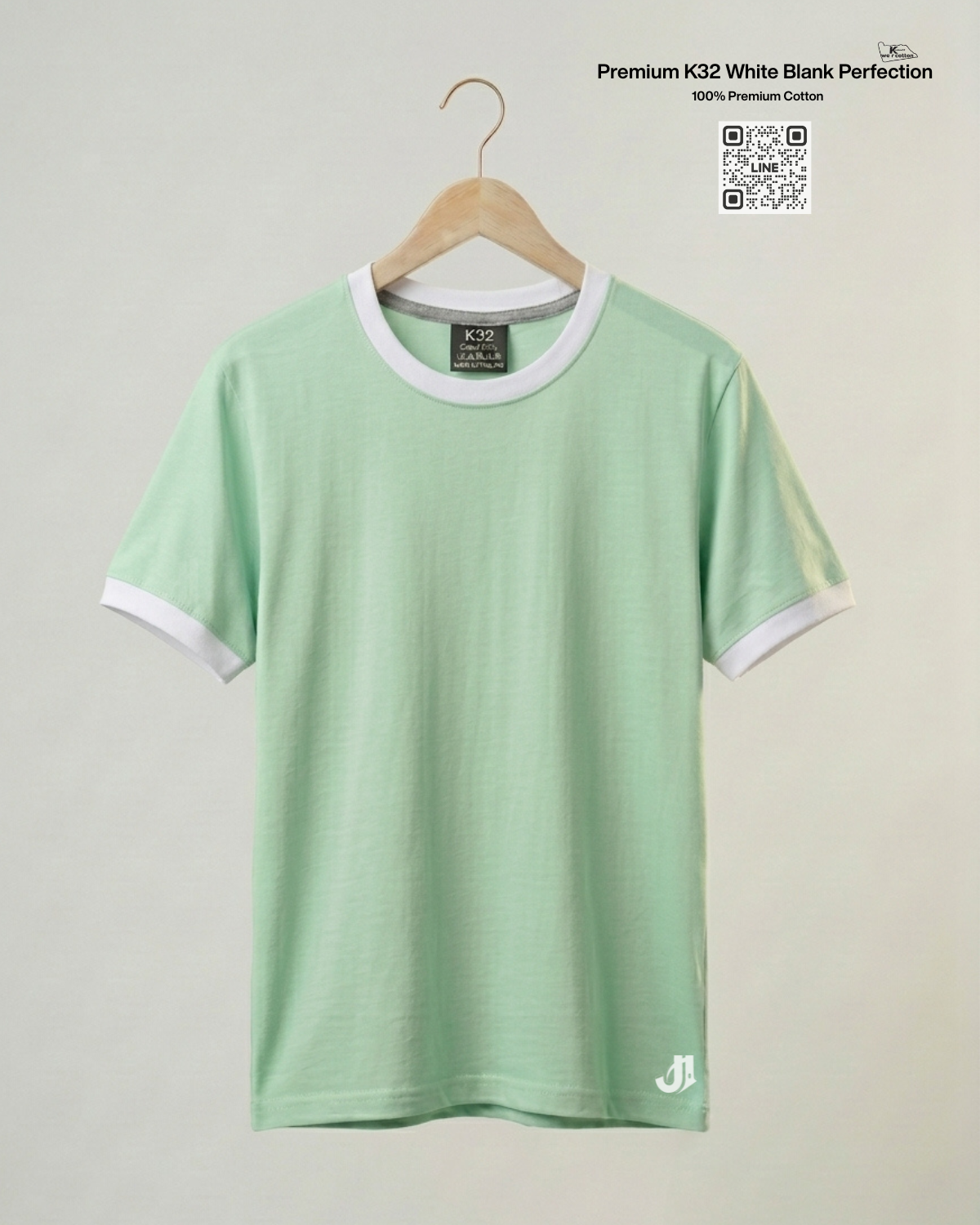 Pเสื้อยืดกุ้นคอกุ้นแขน สีเขียวพาสเทลกุ้นขาว Premium K32 Cotton 100% | รับผลิตเสื้อยืดเปล่า เสื้อยืดกุ้นคอกุ้นแขน สีเขียวพาสเทลกุ้นขาว