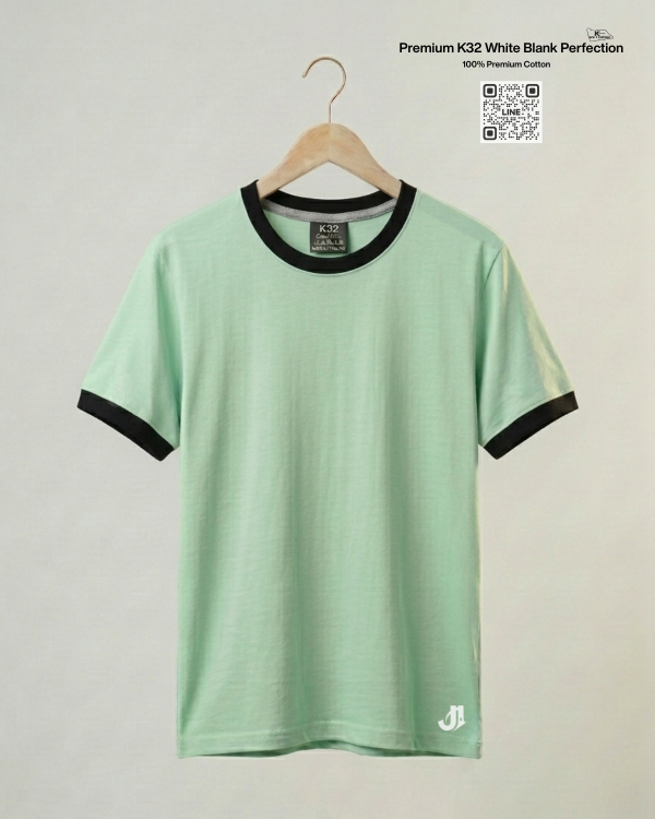 เสื้อยืดกุ้นคอกุ้นแขน สีเขียวพาสเทลกุ้นดำ Premium K32 Cotton 100% | รับผลิตเสื้อยืดเปล่า