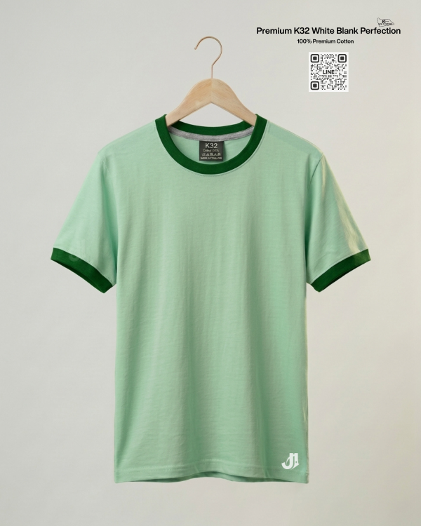 เสื้อยืดกุ้นคอกุ้นแขน สีเขียวพาสเทลกุ้นเขียว Premium K32 Cotton 100% | รับผลิตเสื้อยืดเปล่า
