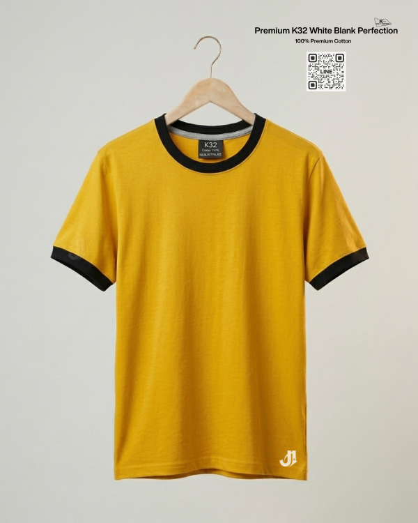 เสื้อยืดกุ้นคอกุ้นแขน สีเหลืองไพรกุ้นดำ Premium K32 Cotton 100% | รับผลิตเสื้อยืดเปล่า