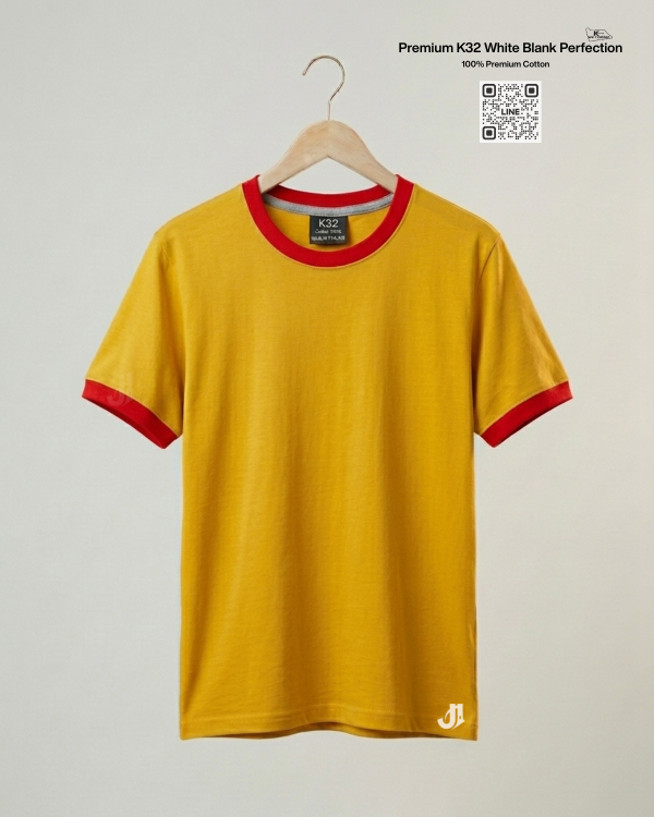 เสื้อยืดกุ้นคอกุ้นแขน สีเหลืองไพรกุ้นแดง Premium K32 Cotton 100% | รับผลิตเสื้อยืดเปล่า