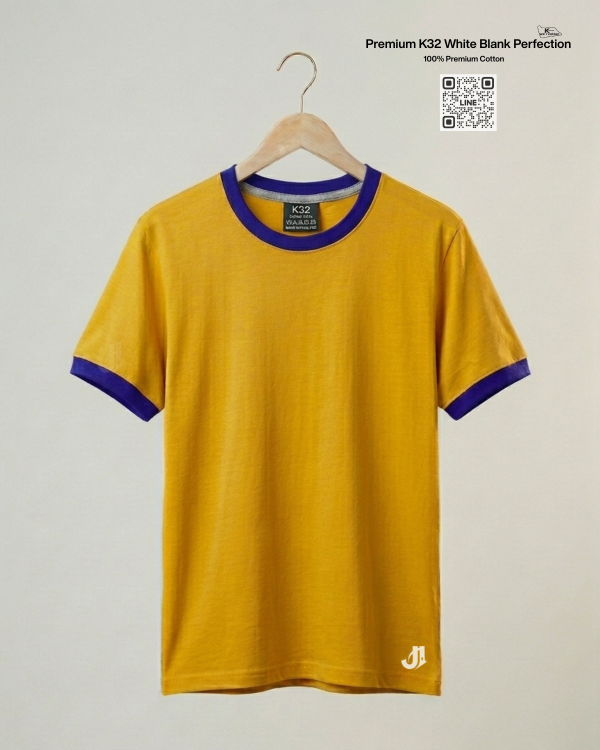 เสื้อยืดกุ้นคอกุ้นแขน สีเหลืองไพรกุ้นน้ำเงิน Premium K32 Cotton 100% | รับผลิตเสื้อยืดเปล่า