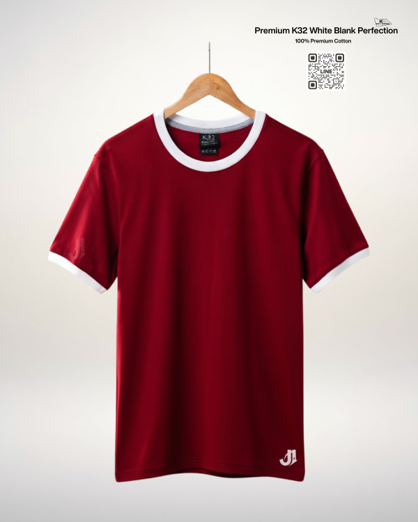 เสื้อยืดกุ้นคอกุ้นแขน สีแดงนกกุ้นขาว Premium K32 Cotton 100% | รับผลิตเสื้อยืดเปล่า