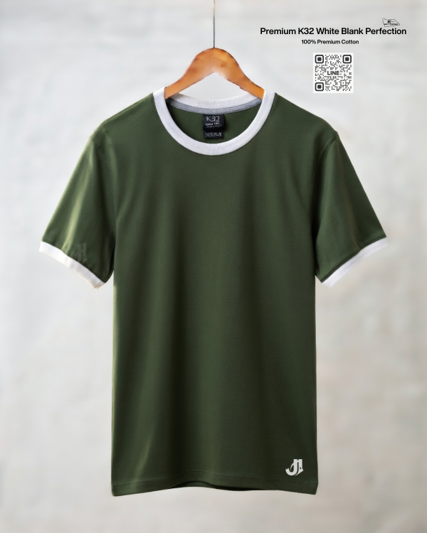 เสื้อยืดกุ้นคอกุ้นแขน สีเขียวทหารกุ้นขาว Premium K32 Cotton 100% | รับผลิตเสื้อยืดเปล่า