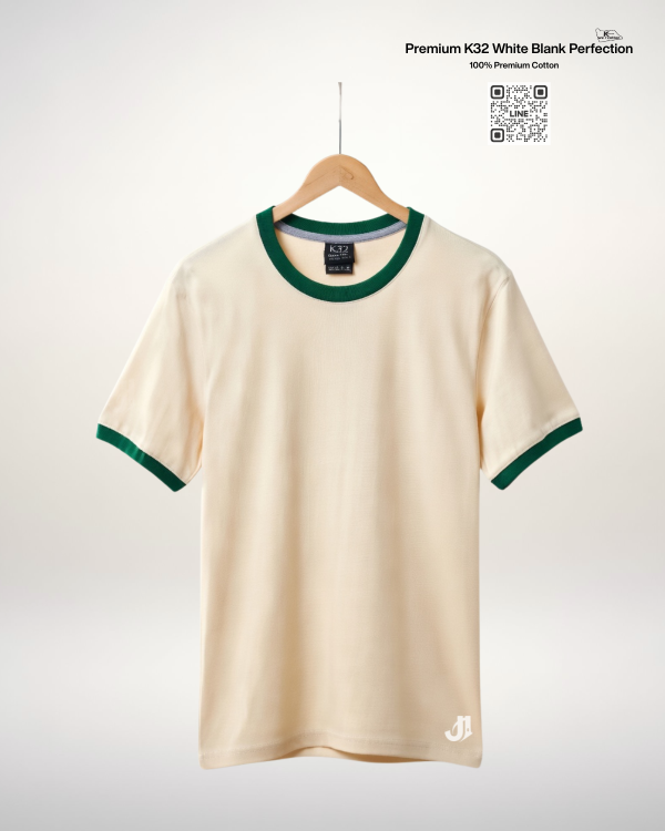 เสื้อยืดกุ้นคอกุ้นแขน สีผ้าดิบกุ้นเขียว Premium K32 Cotton 100% | รับผลิตเสื้อยืดเปล่า