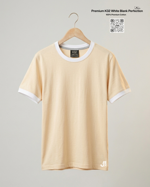 เสื้อยืดกุ้นคอกุ้นแขน สีผ้าดิบกุ้นขาว Premium K32 Cotton 100% | รับผลิตเสื้อยืดเปล่า