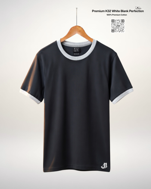 เสื้อยืดกุ้นคอกุ้นแขน สีเทาเข้มกุ้นขาว Premium K32 Cotton 100% | รับผลิตเสื้อยืดเปล่า