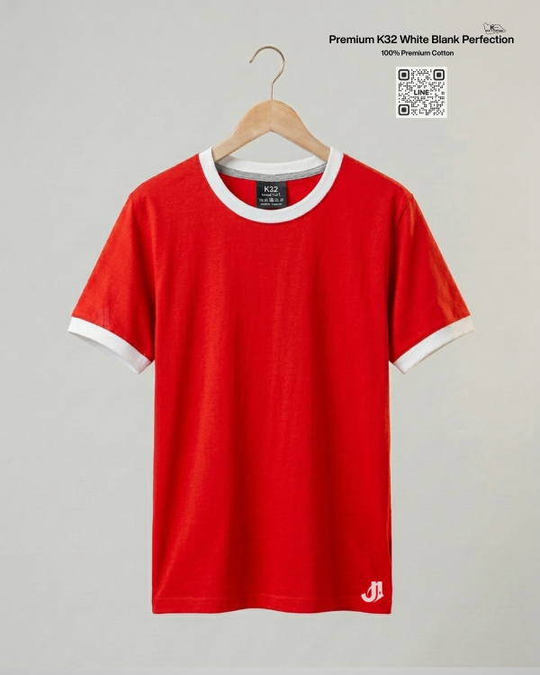 เสื้อยืดกุ้นคอกุ้นแขน สีแดงกุ้นขาว Premium K32 Cotton 100% | รับผลิตเสื้อยืดเปล่า