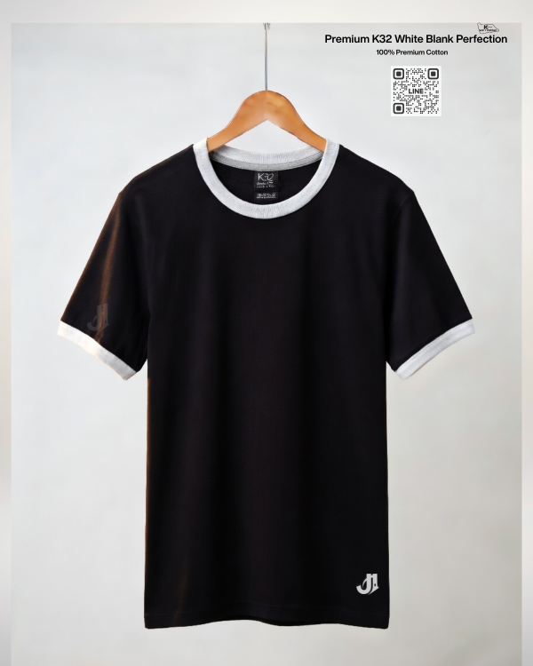 เสื้อยืดกุ้นคอกุ้นแขน สีดำกุ้นขาว Premium K32 Cotton 100% | รับผลิตเสื้อยืดเปล่า