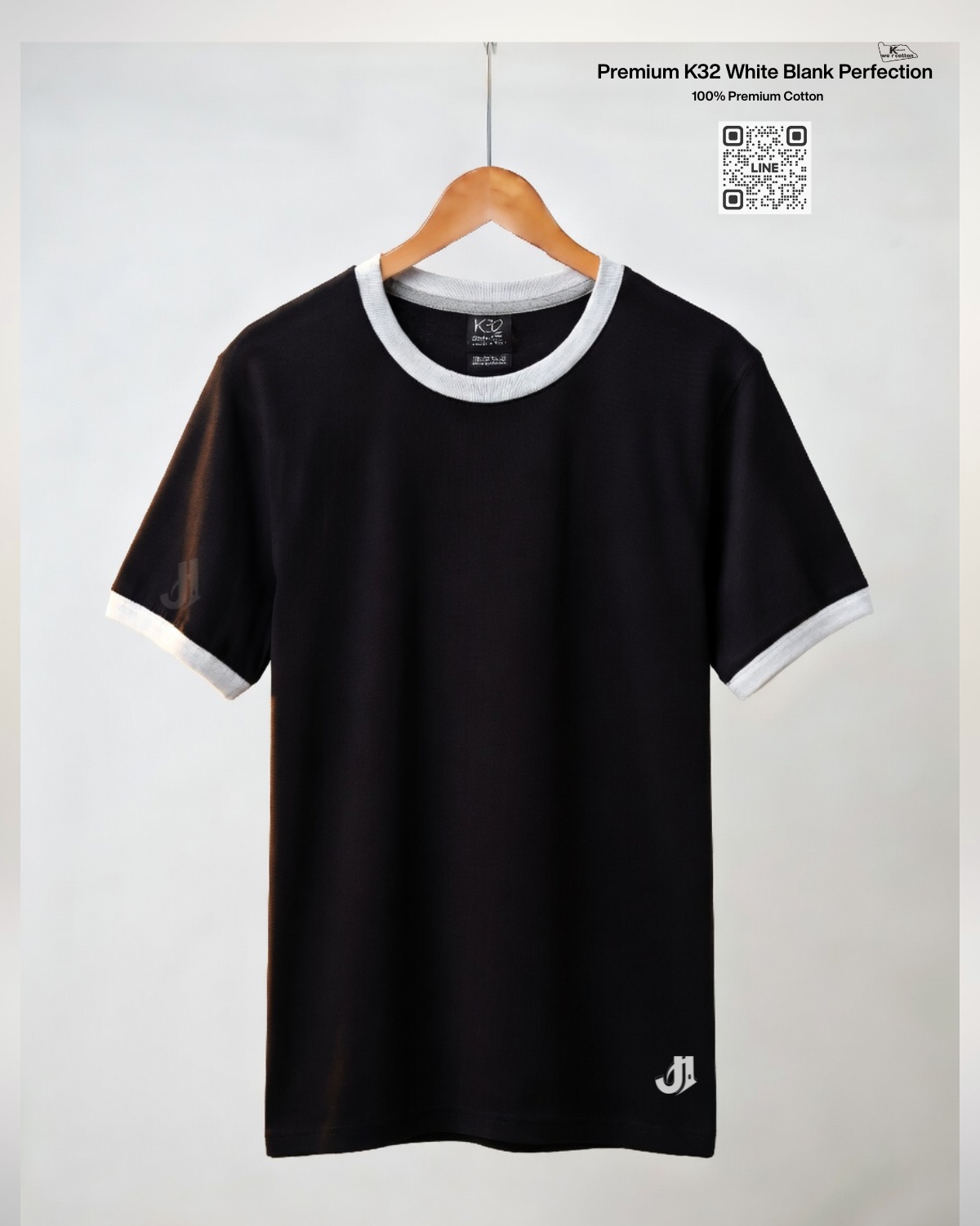 เสื้อยืดกุ้นคอกุ้นแขน สีดำกุ้นขาว Premium K32 Cotton 100% | รับผลิตเสื้อยืดเปล่า เสื้อยืดกุ้นคอกุ้นแขน สีดำกุ้นขาว