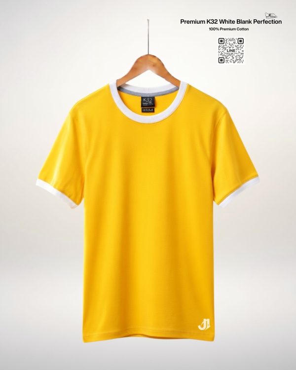 เสื้อยืดกุ้นคอกุ้นแขน สีเหลืองกุ้นขาว Premium K32 Cotton 100% | รับผลิตเสื้อยืดเปล่า