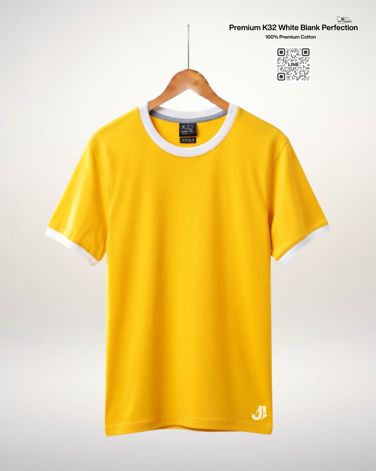 เสื้อยืดกุ้นคอกุ้นแขน สีเหลืองกุ้นขาว Premium K32 Cotton 100% | รับผลิตเสื้อยืดเปล่า เสื้อยืดกุ้นคอกุ้นแขน สีเหลืองกุ้นขาว