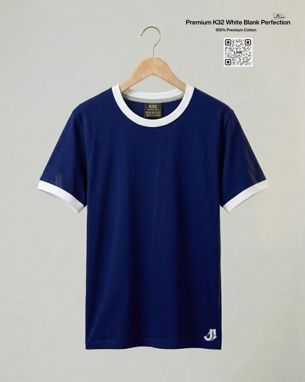 เสื้อยืดกุ้นคอกุ้นแขน สีกรมกุ้นขาว Premium K32 Cotton 100% | รับผลิตเสื้อยืดเปล่า