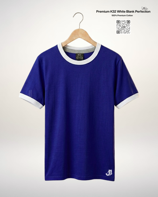เสื้อยืดกุ้นคอกุ้นแขน สีน้ำเงินกุ้นขาว Premium K32 Cotton 100% | รับผลิตเสื้อยืดเปล่า