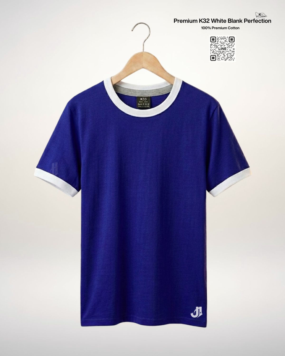 เสื้อยืดกุ้นคอกุ้นแขน สีน้ำเงินกุ้นขาว Premium K32 Cotton 100% | รับผลิตเสื้อยืดเปล่า เสื้อยืดกุ้นคอกุ้นแขน สีน้ำเงินกุ้นขาว