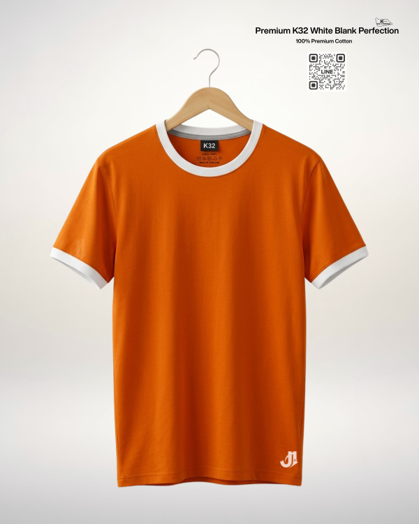 เสื้อยืดกุ้นคอกุ้นแขน สีส้มกุ้นขาว Premium K32 Cotton 100% | รับผลิตเสื้อยืดเปล่า