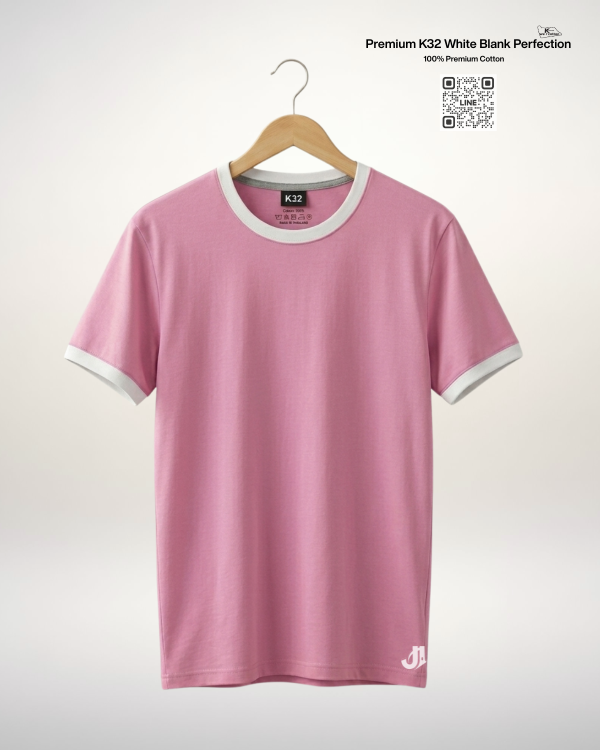 เสื้อยืดกุ้นคอกุ้นแขน สีชมพูกุ้นขาว Premium K32 Cotton 100% | รับผลิตเสื้อยืดเปล่า