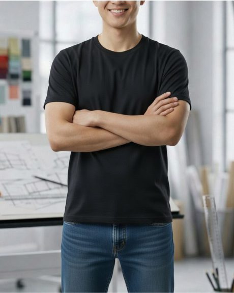 คอกลม สี ดำ ผ้าคอตตอน 100% ไม่ยืดไม่ย้วย