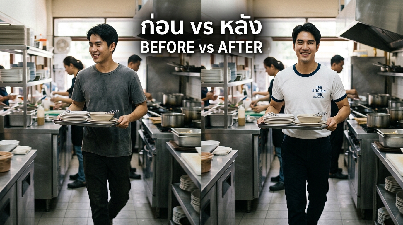 ก่อนและหลังใส่เสื้อ uniform ที่มีลายสกรีนบอกเล่าเรื่องราว