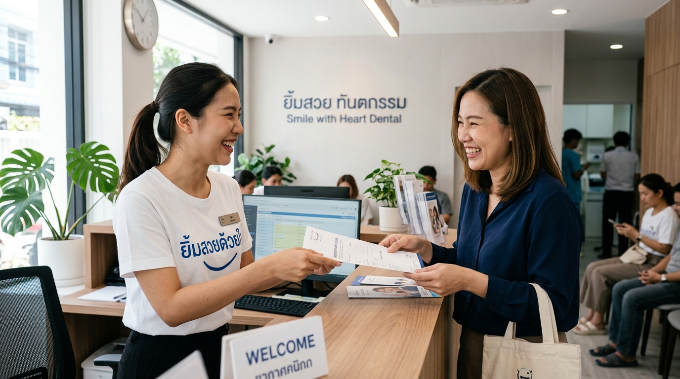 ทันตแพทย์หญิงอายุ 35 ปี กำลังให้บริการด้วยรอยยิ้ม