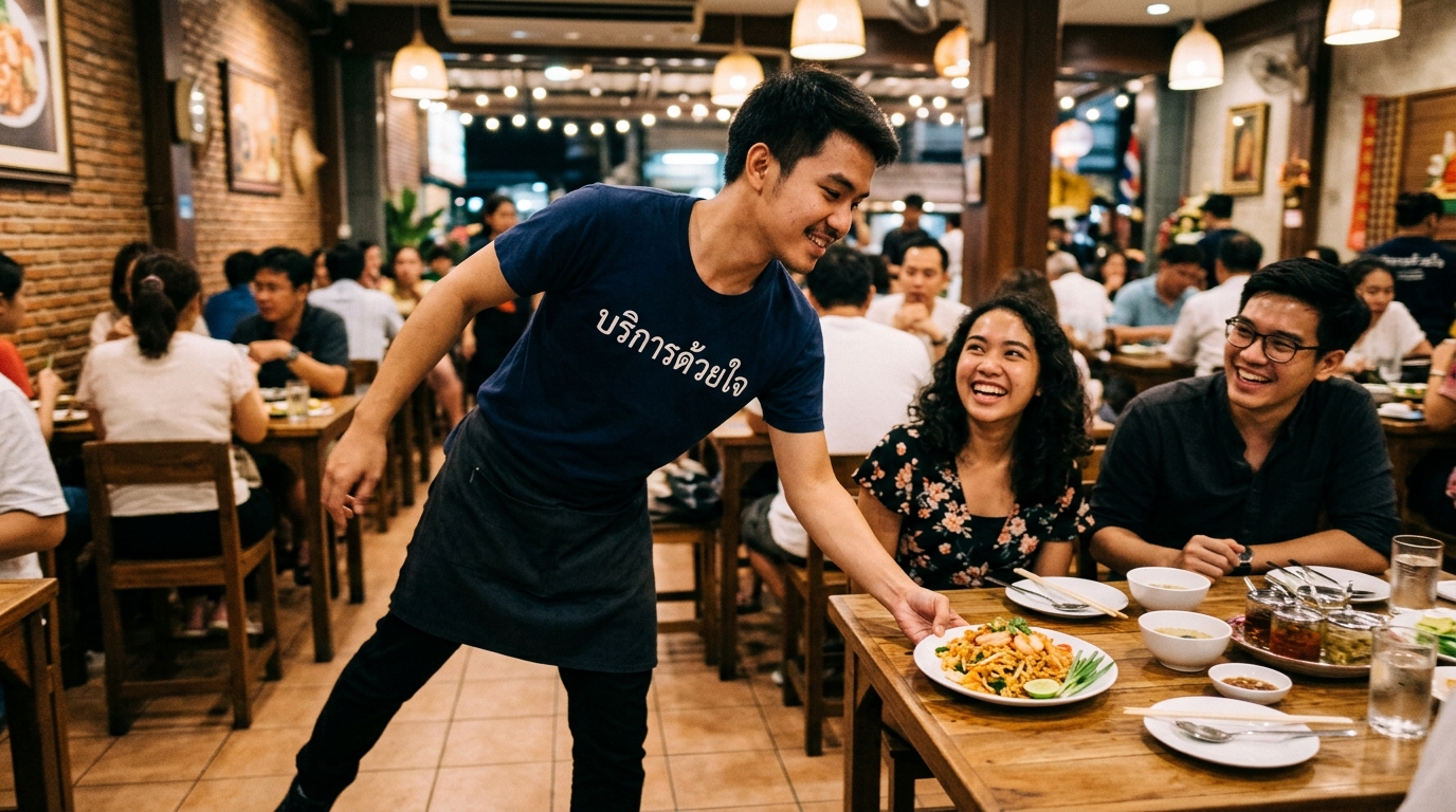 พนักงานร้านอาหารหญิงอายุ 28 ปี กำลังเสิร์ฟด้วยรอยยิ้ม ลายเสื้อ “บ้านอร่อย”