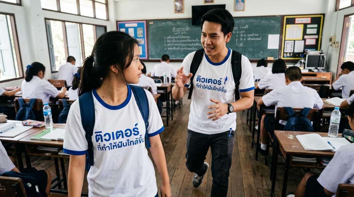 ติวเตอร์วัยรุ่นชายอายุ 30 ปี กำลังสอนน้องม.ปลายในห้องเรียนสไตล์มหาวิทยาลัย