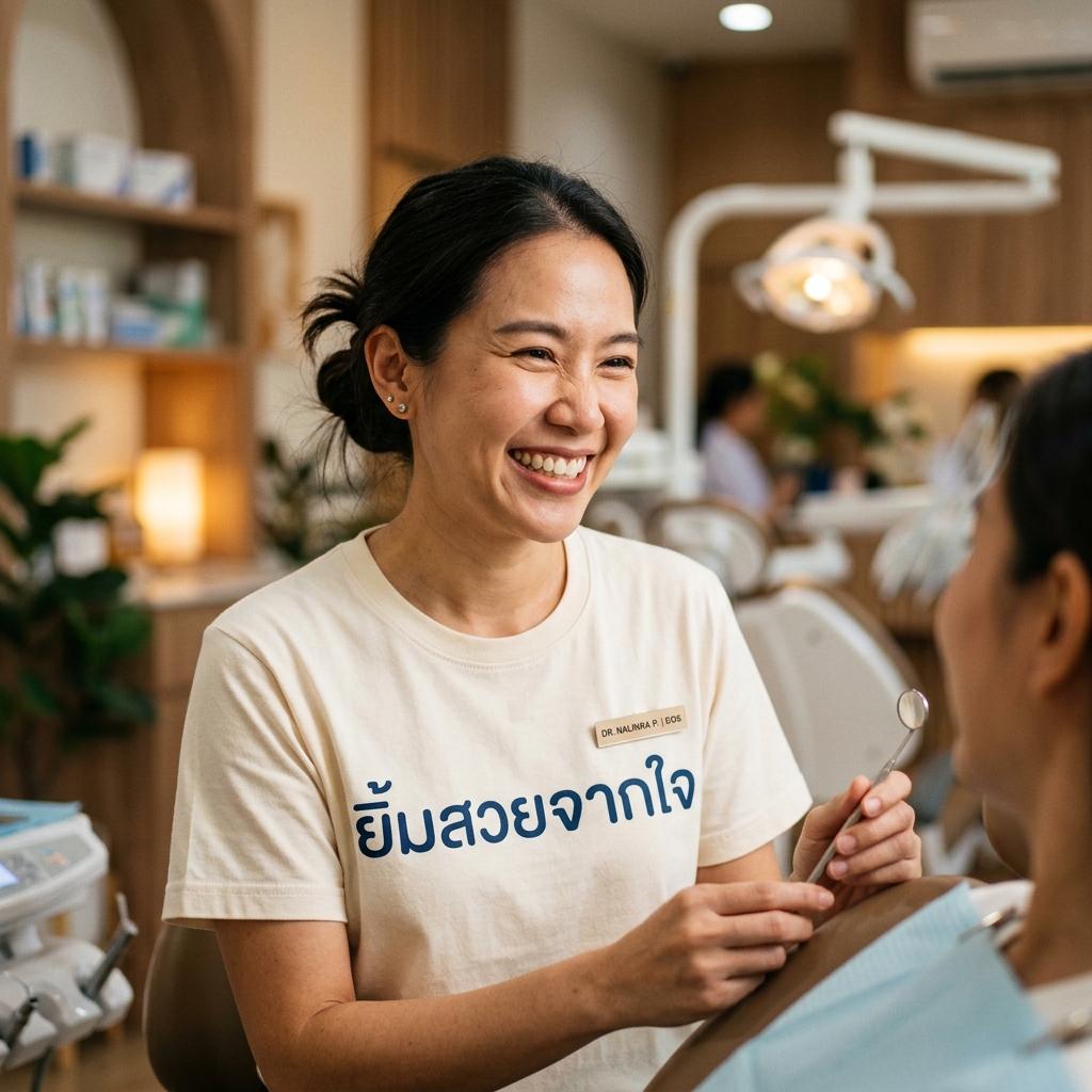 ทันตแพทย์หญิงอายุ 35 ปี ใส่เสื้อยืดคอกลมลาย “ยิ้มสวยด้วยใจ”