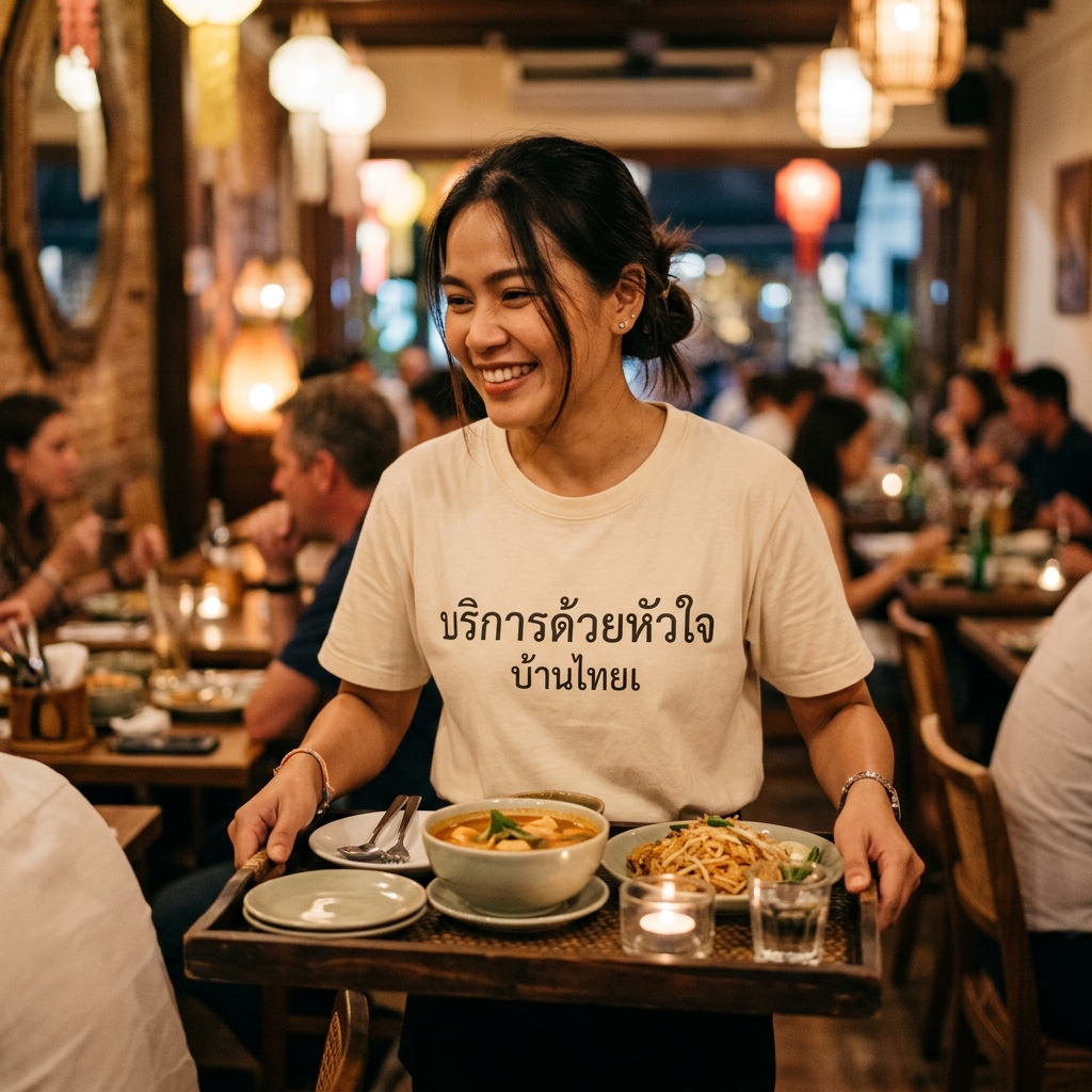พนักงานร้านอาหารหญิงอายุ 28 ปี ใส่เสื้อยืดคอกลมลาย “บริการด้วยใจ”