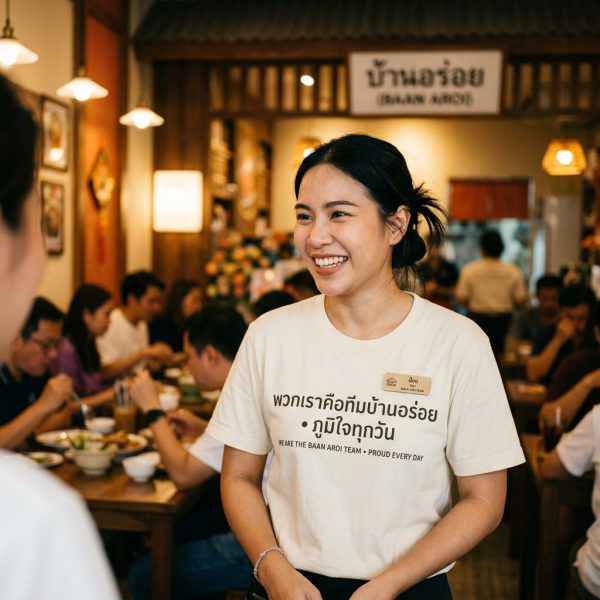 พนักงานร้านอาหารหญิงอายุ 28 ปี ใส่เสื้อยืดคอกลมลาย “เราคือทีมบ้านอร่อย”