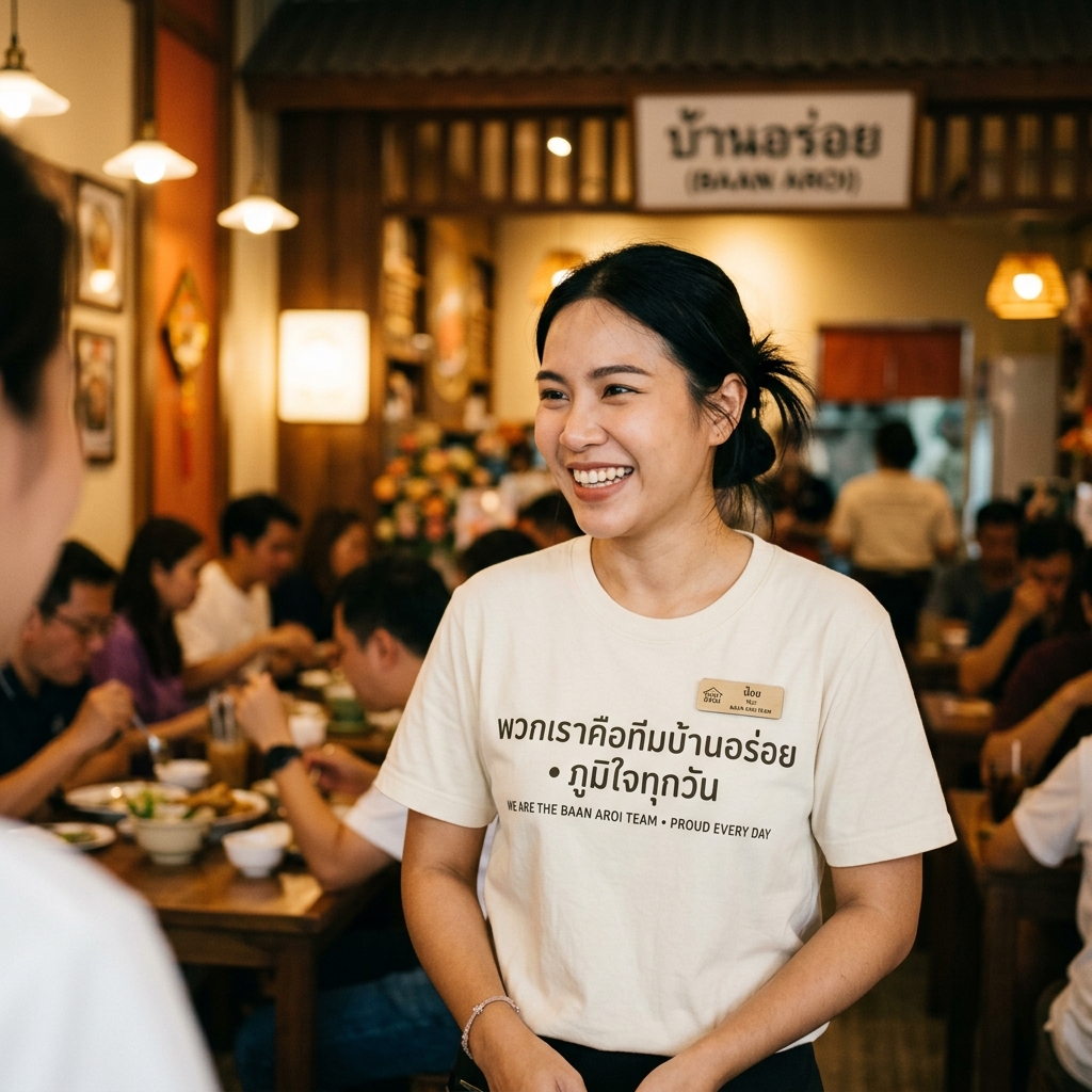 พนักงานร้านอาหารหญิงอายุ 28 ปี ใส่เสื้อยืดคอกลมลาย “เราคือทีมบ้านอร่อย • ภาคภูมิใจทุกวัน”