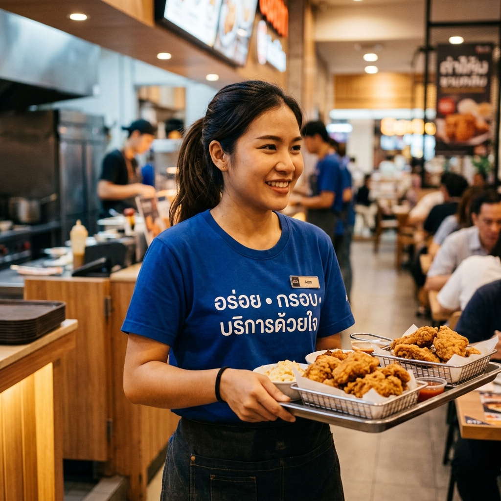 พนักงานร้านไก่ทอดหญิงอายุ 27 ปี ใส่เสื้อยืดกุ้นคอกุ้นแขนลาย “อร่อย • กรอบ • บริการด้วยใจ”
