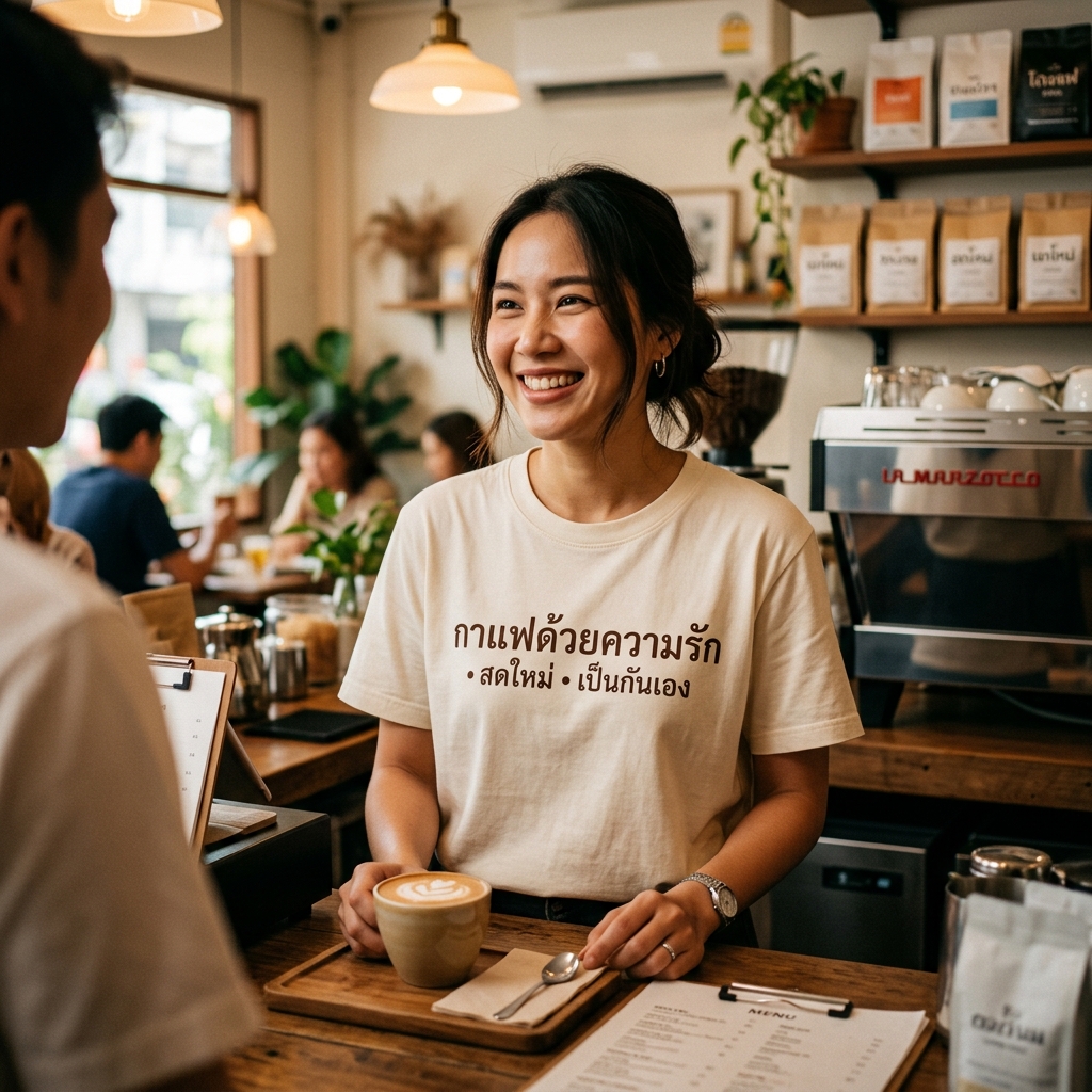 พนักงานคาเฟ่หญิงอายุ 29 ปี ใส่เสื้อยืดคอกลมลาย “Coffee with Love • Fresh • Friendly”