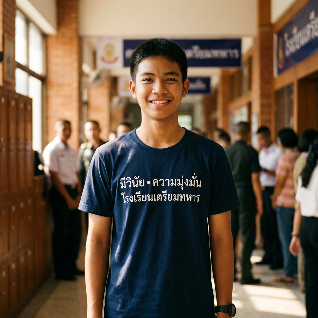 นักเรียนชายอายุ 18 ปี ใส่เสื้อยืดคอกลมลาย “วินัย • ความมุ่งมั่น • โรงเรียนติดเตรียมทหาร”